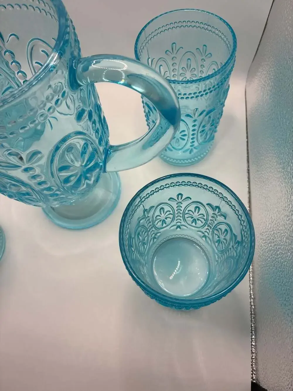 Vintage-Inspired Embossed Light Blue Glass Pitcher And 4 Tumbler Drinking Glasse
